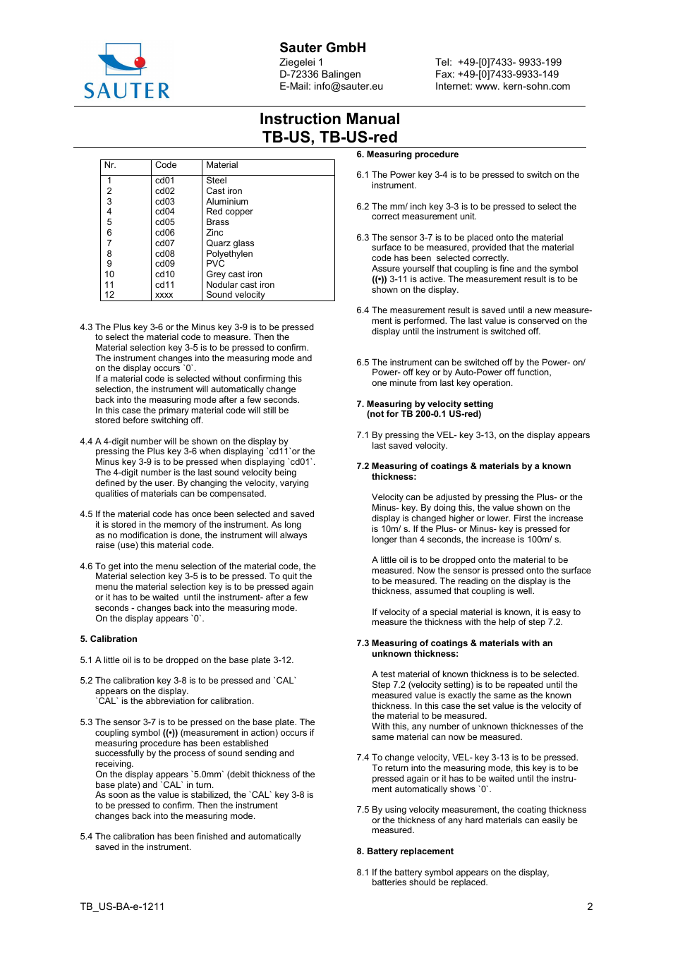 Instruction manual tb-us, tb-us-red, Sauter gmbh | KERN & SOHN TB 200-0.1US-RED User Manual | Page 2 / 3