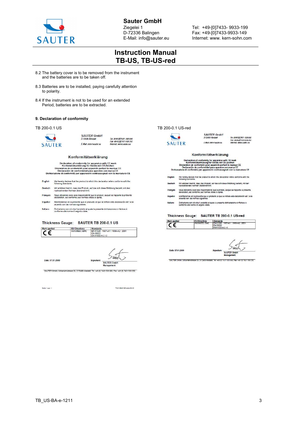 Instruction manual tb-us, tb-us-red, Sauter gmbh | KERN & SOHN TB 200-0.1US-RED User Manual | Page 3 / 3