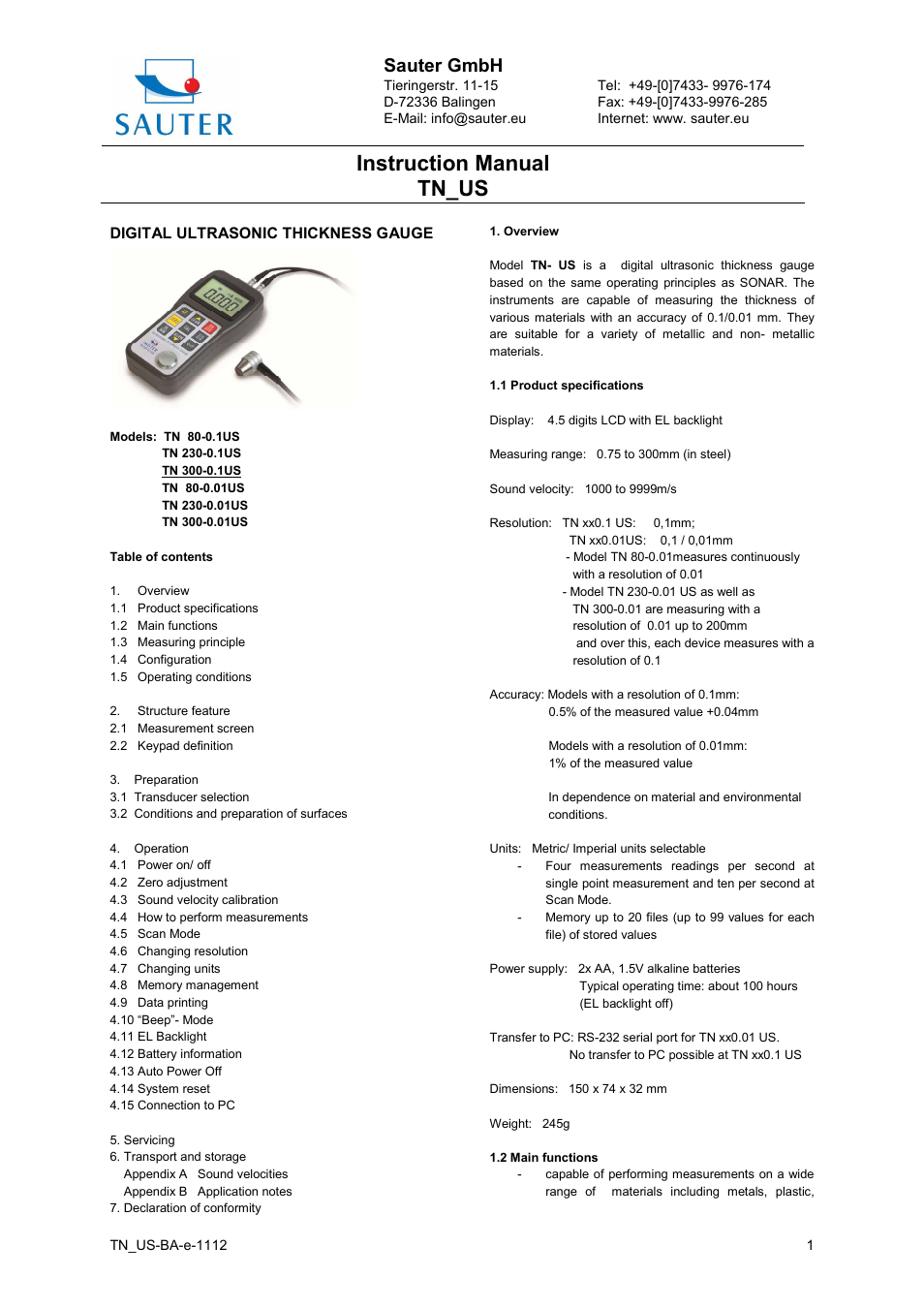 KERN & SOHN TN 300-0.01US User Manual | 9 pages