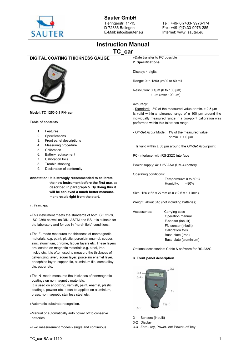 KERN & SOHN TC 1250-0.1FN-CAR User Manual | 3 pages