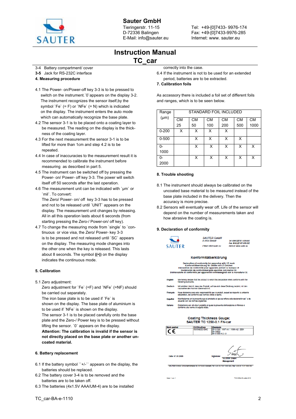 Instruction manual tc_car, Sauter gmbh | KERN & SOHN TC 1250-0.1FN-CAR User Manual | Page 2 / 3