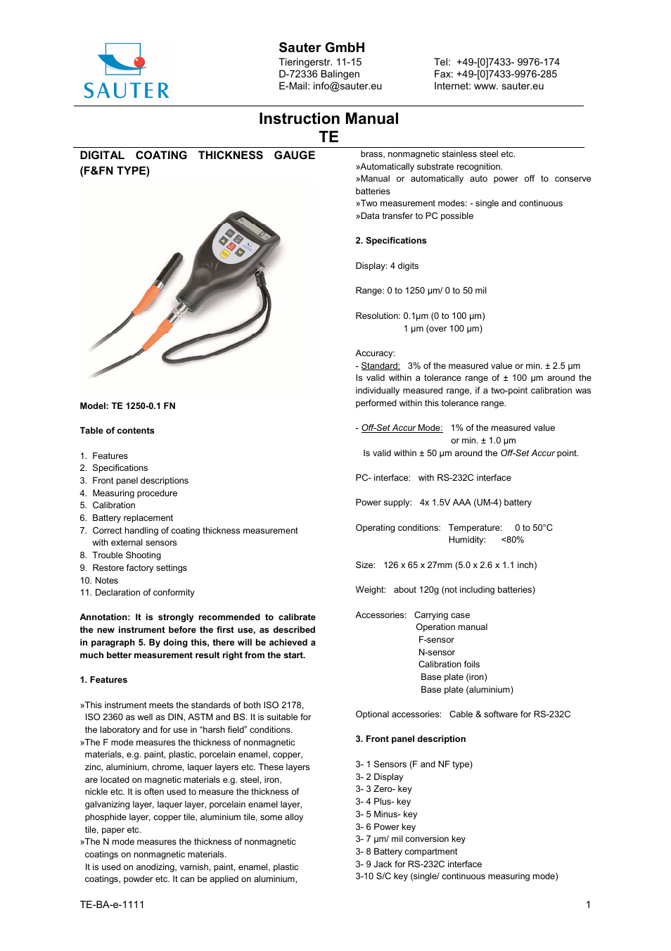 KERN & SOHN TE 1250-0.1FN User Manual | 3 pages
