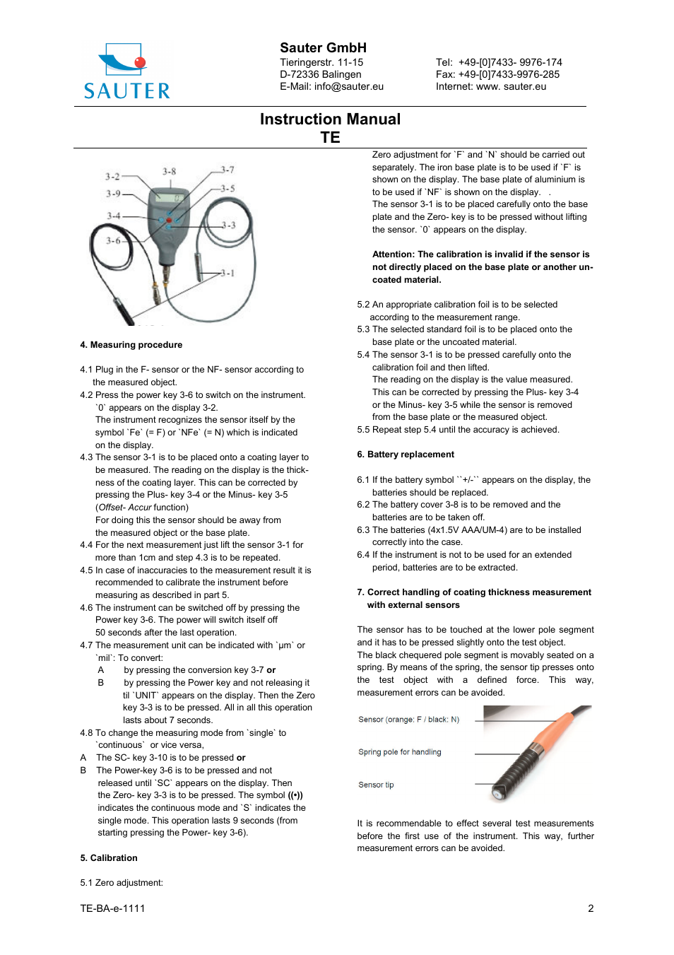 Instruction manual te, Sauter gmbh | KERN & SOHN TE 1250-0.1FN User Manual | Page 2 / 3