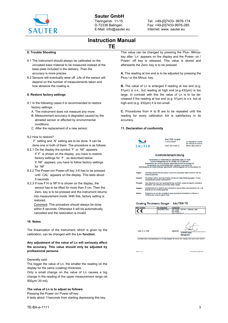 Instruction manual te, Sauter gmbh | KERN & SOHN TE 1250-0.1FN User Manual | Page 3 / 3