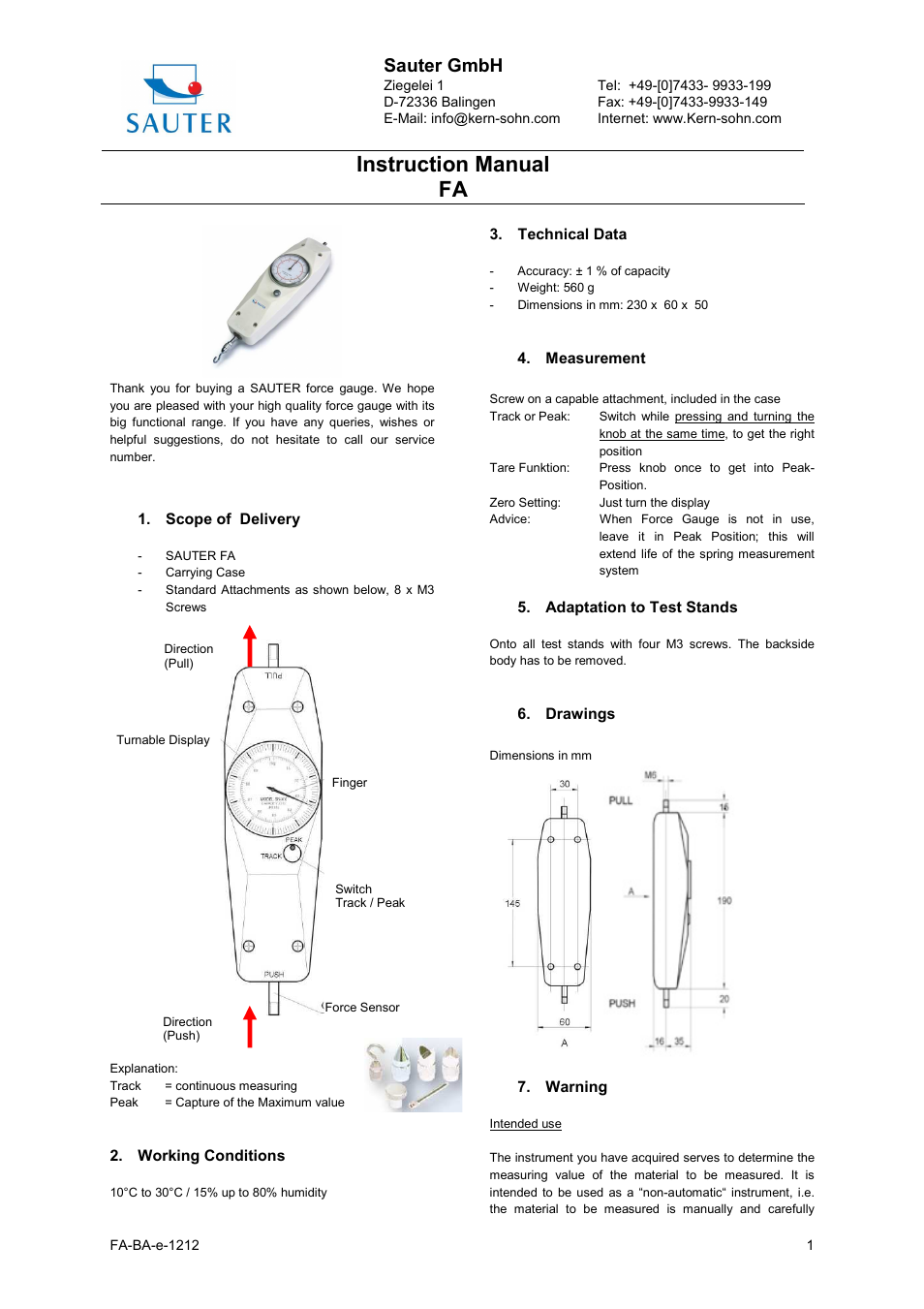 KERN & SOHN FA User Manual | 2 pages