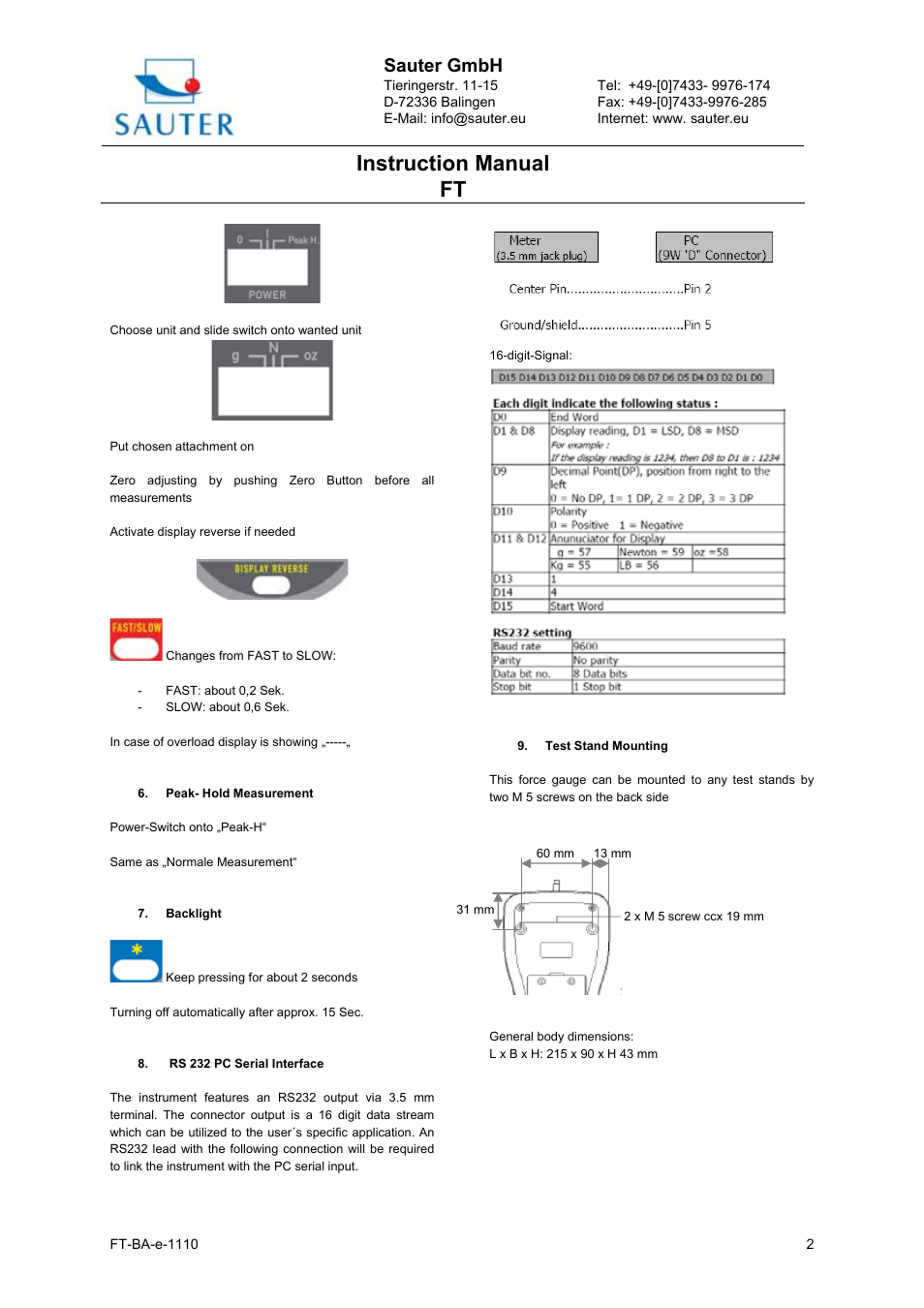 Instruction manual ft, Sauter gmbh | KERN & SOHN FT 50 User Manual | Page 2 / 4