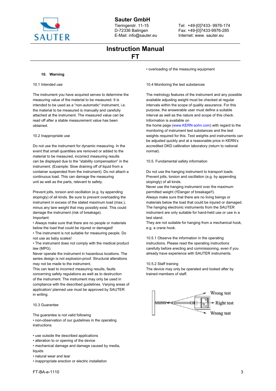Instruction manual ft, Sauter gmbh | KERN & SOHN FT 50 User Manual | Page 3 / 4