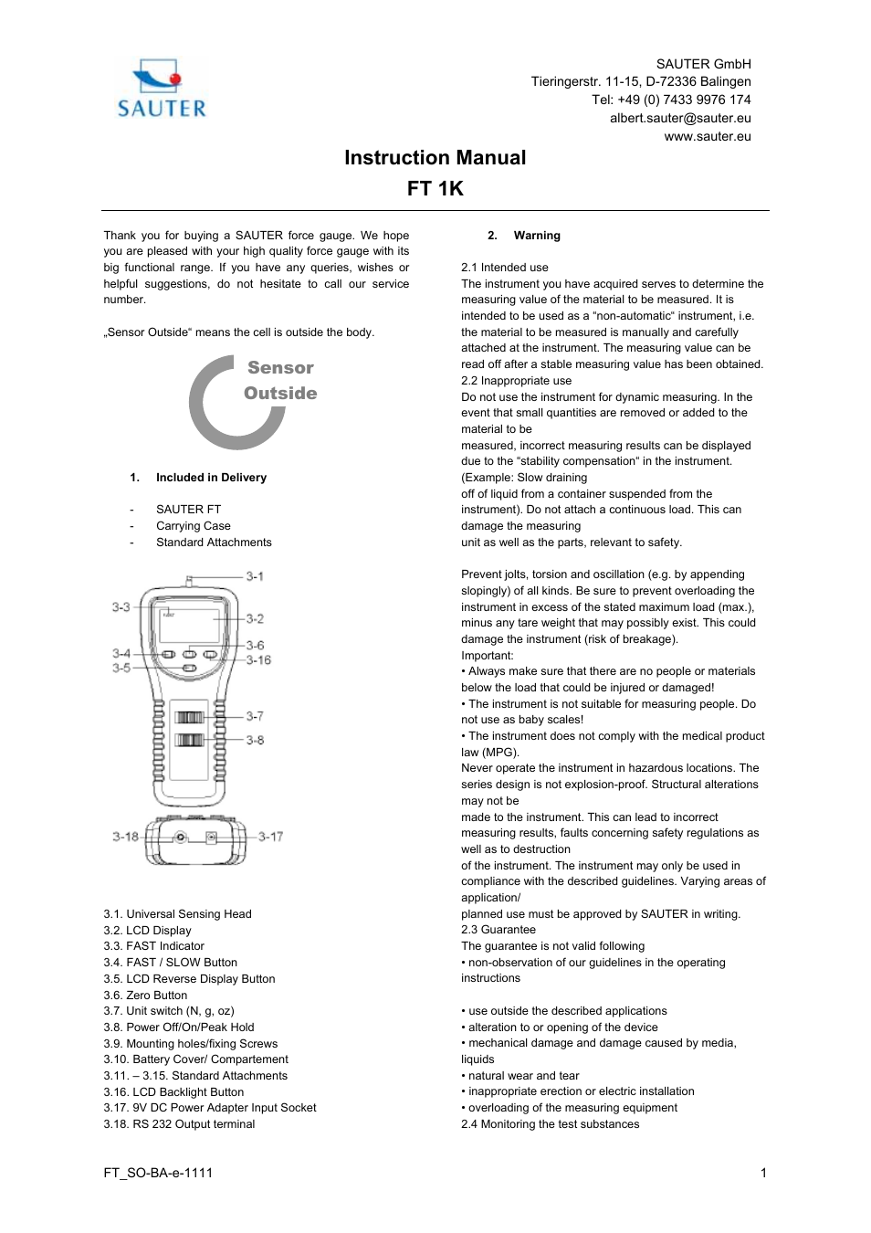 KERN & SOHN FT 1K User Manual | 3 pages