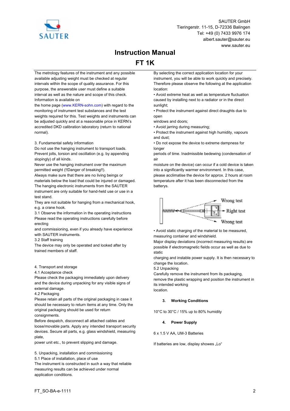 Instruction manual, Ft 1k | KERN & SOHN FT 1K User Manual | Page 2 / 3