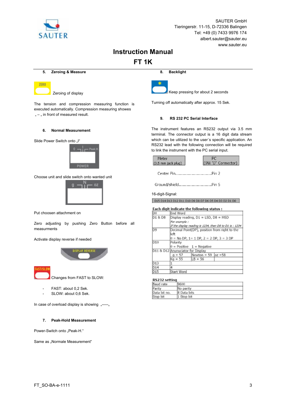 Instruction manual, Ft 1k | KERN & SOHN FT 1K User Manual | Page 3 / 3