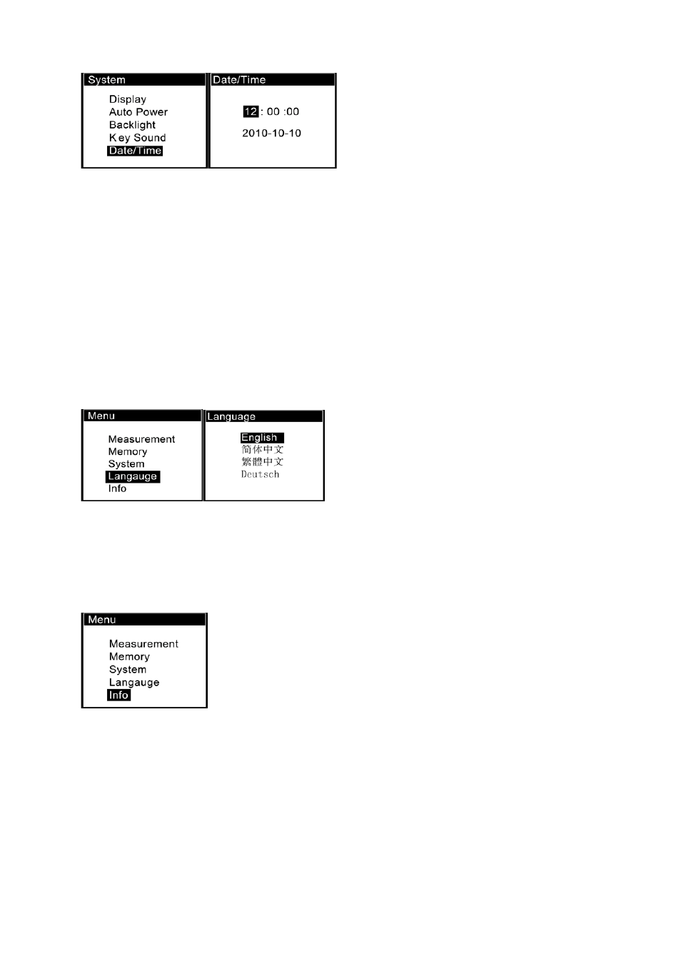 6 calibration, 7 default, 5 language | 6 info, 4 communication port, 1 usb/recharge | KERN & SOHN FC 10 User Manual | Page 12 / 19