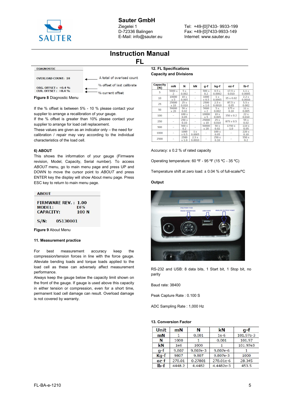 Instruction manual fl, Sauter gmbh | KERN & SOHN FL 1KG User Manual | Page 5 / 6