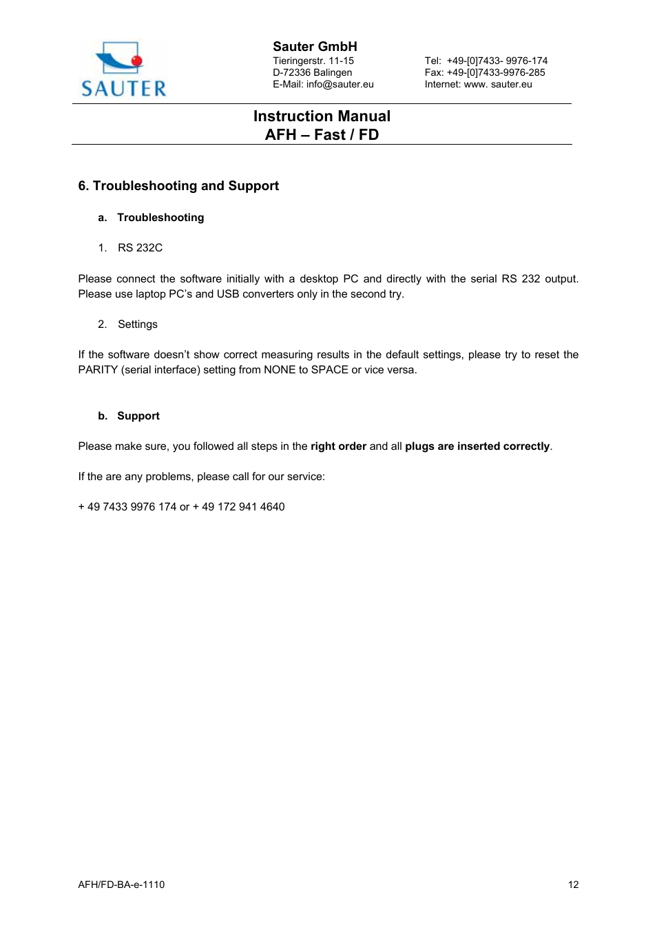 Instruction manual afh – fast / fd | KERN & SOHN AFH FD User Manual | Page 12 / 12
