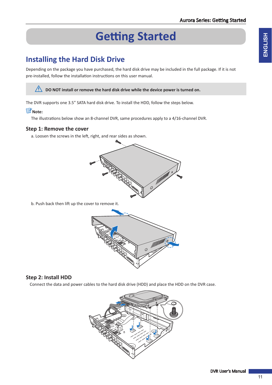 Getting started, Installing the hard disk drive | KGUARD Security AR 1621-2CKT001 User Manual | Page 11 / 81