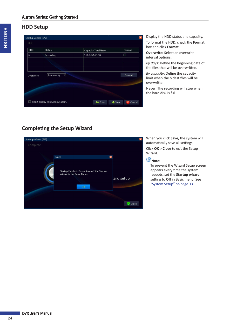 Hdd setup, Completing the setup wizard | KGUARD Security AR 1621-2CKT001 User Manual | Page 24 / 81