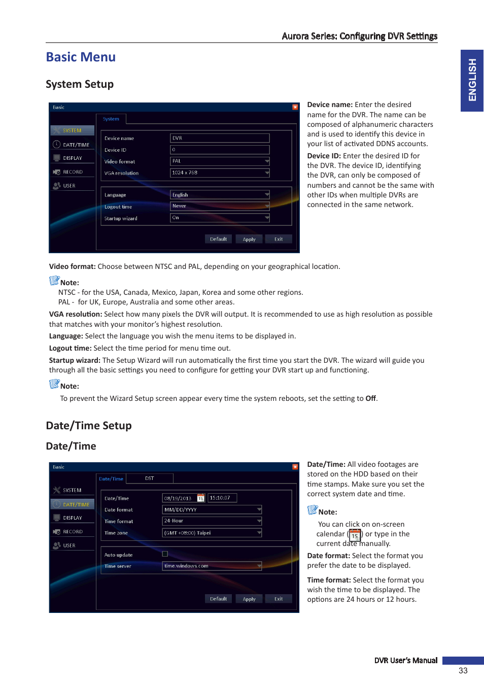 Basic menu, System setup, Date/time setup | Date/time | KGUARD Security AR 1621-2CKT001 User Manual | Page 33 / 81