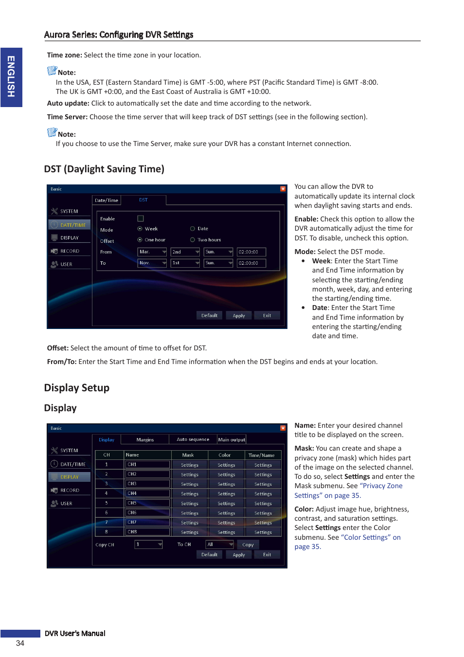 Display setup, Dst (daylight saving time), Display | KGUARD Security AR 1621-2CKT001 User Manual | Page 34 / 81
