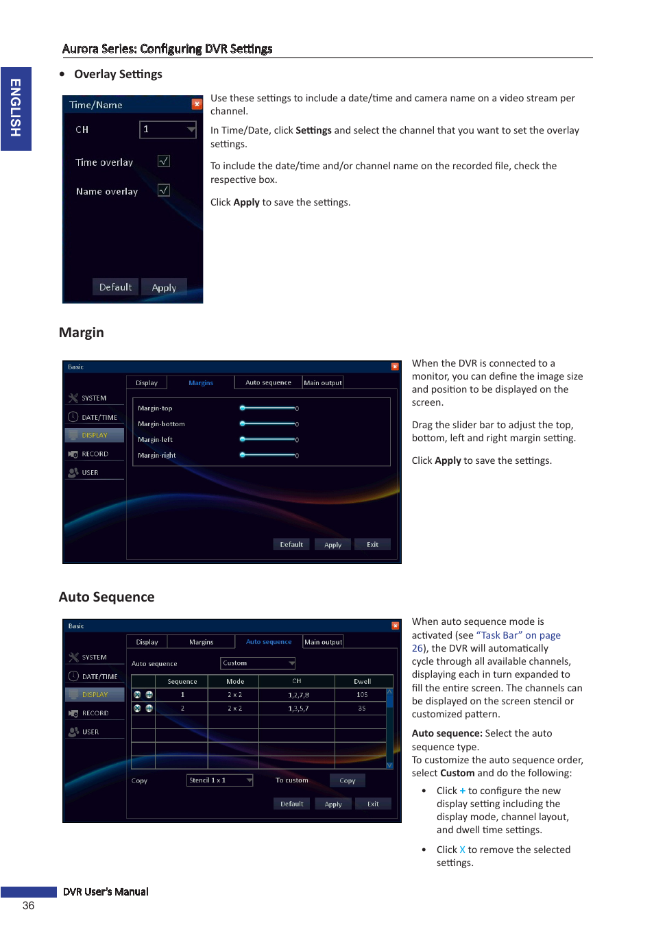 Margin, Auto sequence | KGUARD Security AR 1621-2CKT001 User Manual | Page 36 / 81