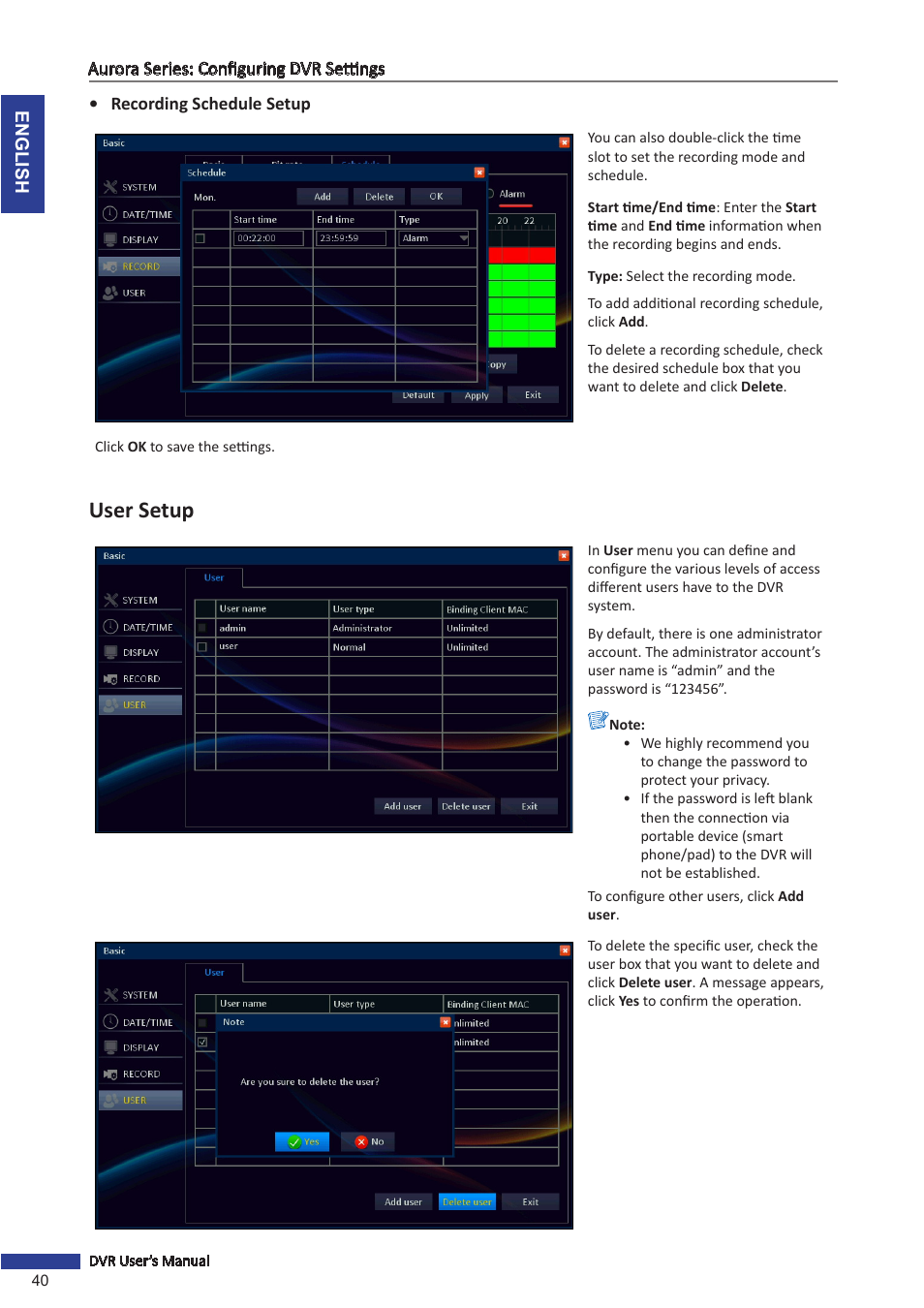 User setup | KGUARD Security AR 1621-2CKT001 User Manual | Page 40 / 81