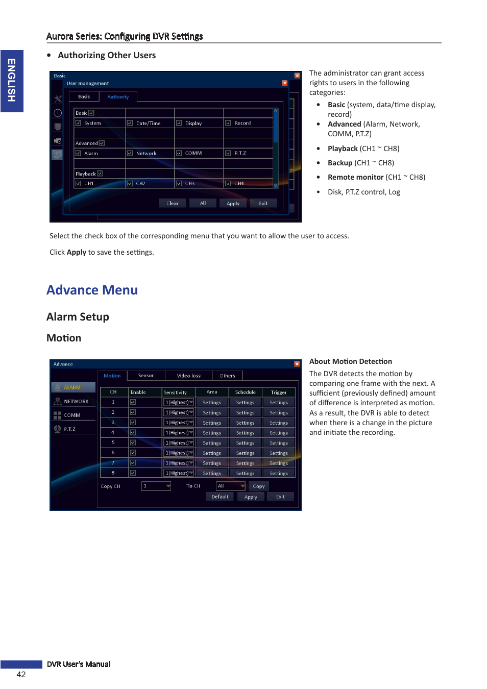 Advance menu, Alarm setup, Motion | KGUARD Security AR 1621-2CKT001 User Manual | Page 42 / 81