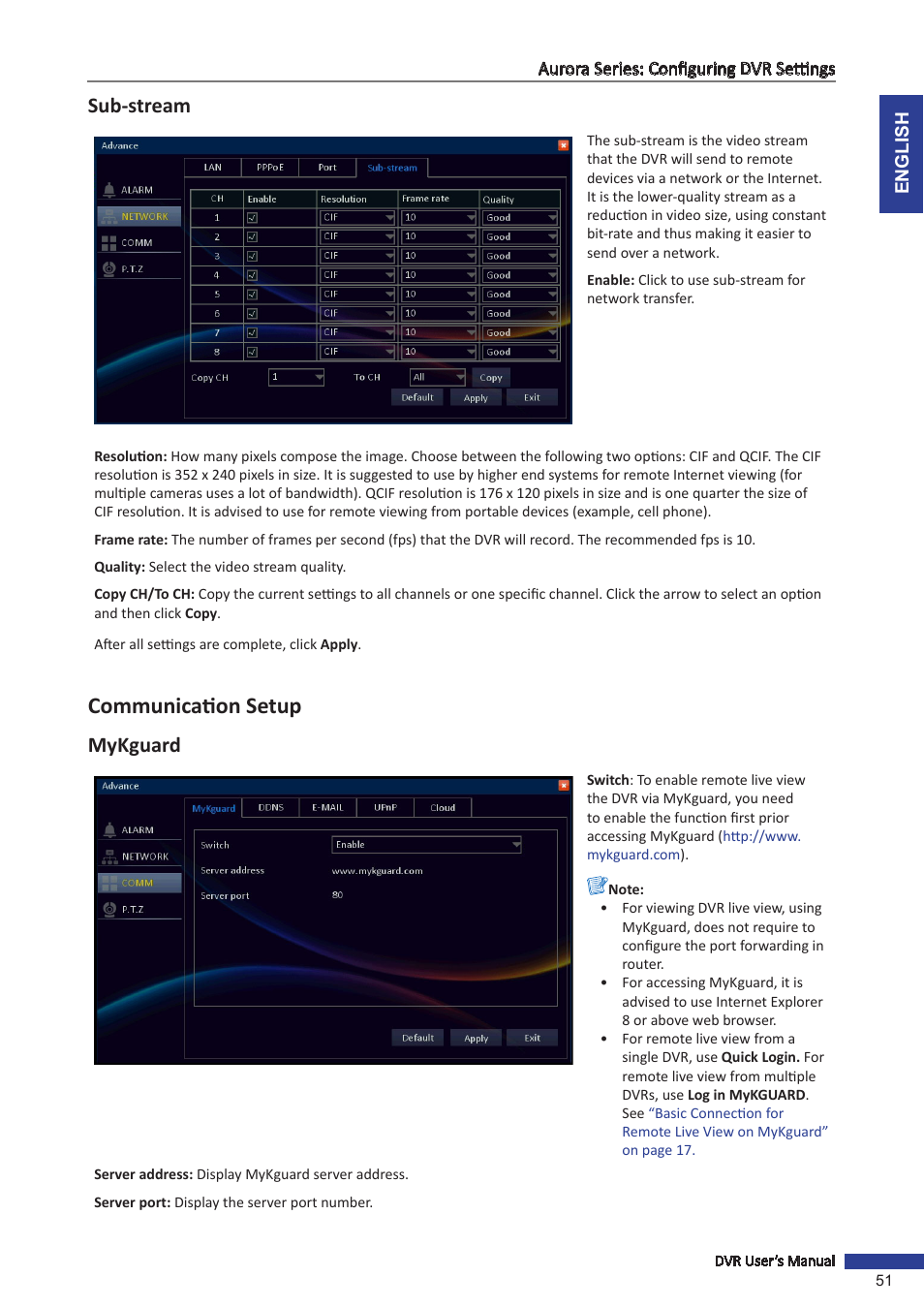 Communication setup, Sub-stream, Mykguard | KGUARD Security AR 1621-2CKT001 User Manual | Page 51 / 81