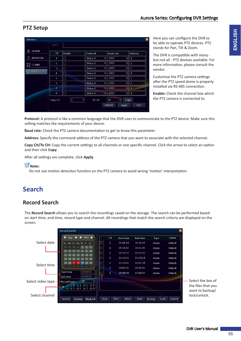 Search, Ptz setup, Record search | KGUARD Security AR 1621-2CKT001 User Manual | Page 55 / 81