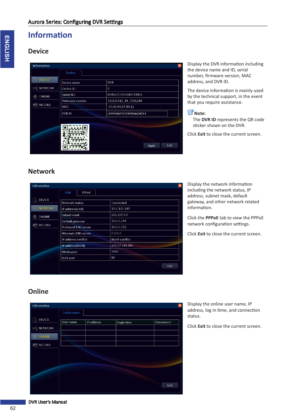 Information, Device, Network | Online | KGUARD Security AR 1621-2CKT001 User Manual | Page 62 / 81