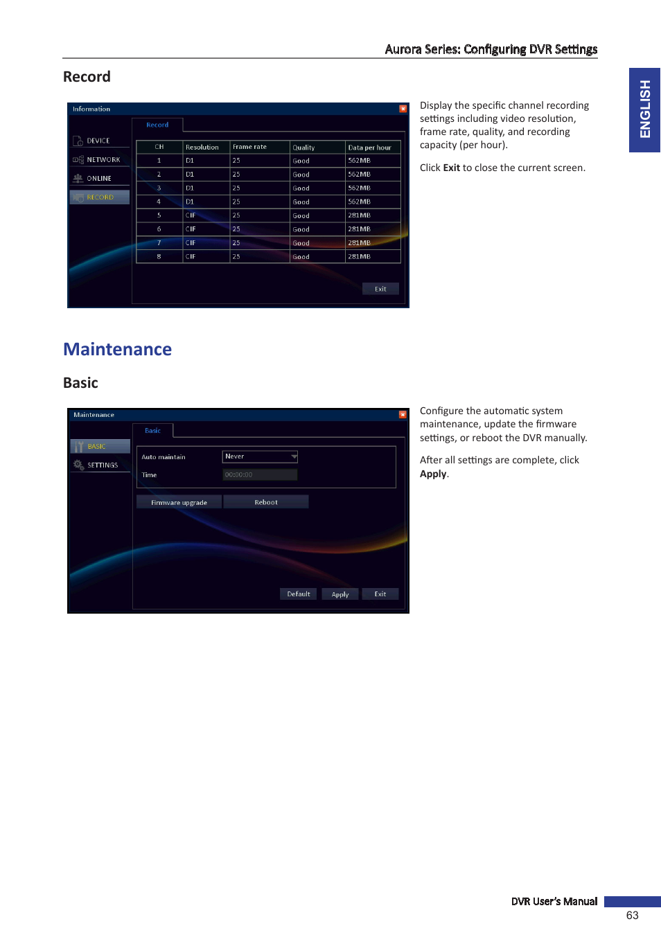Maintenance, Record, Basic | KGUARD Security AR 1621-2CKT001 User Manual | Page 63 / 81