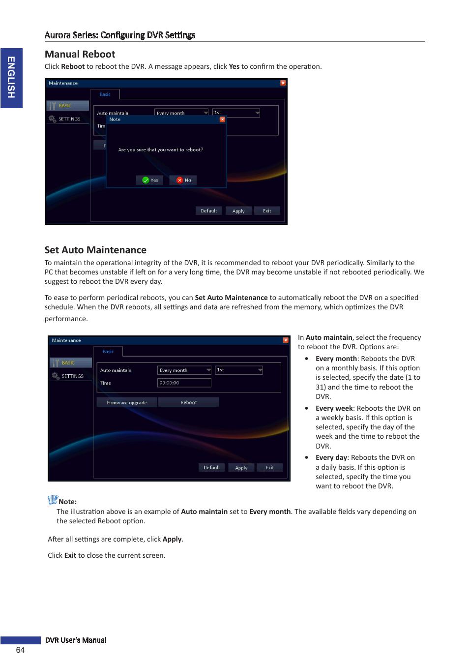 Manual reboot, Set auto maintenance | KGUARD Security AR 1621-2CKT001 User Manual | Page 64 / 81