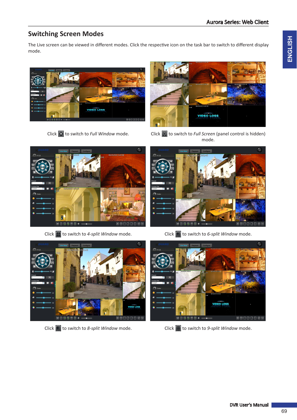 Switching screen modes | KGUARD Security AR 1621-2CKT001 User Manual | Page 69 / 81