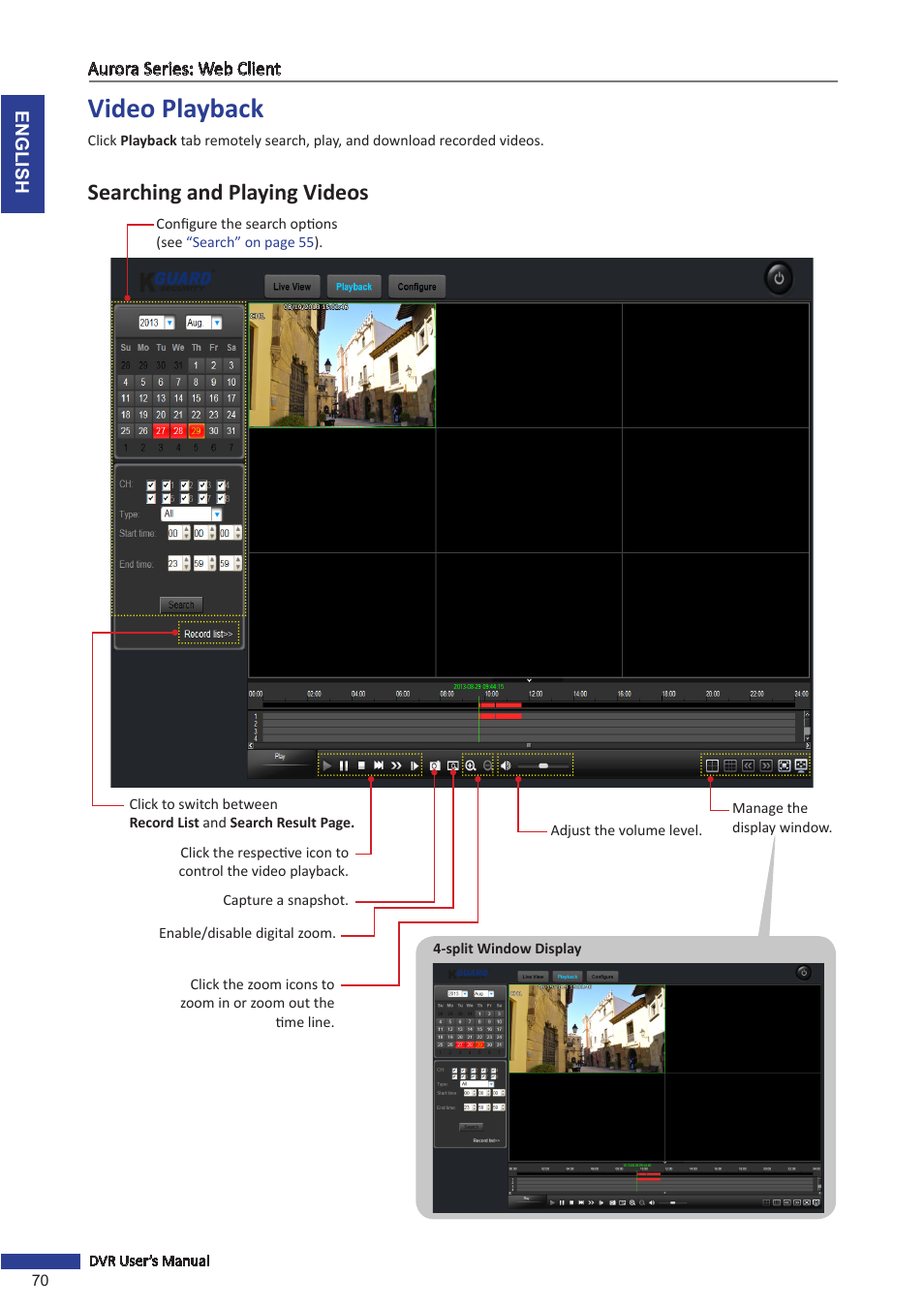 Video playback, Searching and playing videos | KGUARD Security AR 1621-2CKT001 User Manual | Page 70 / 81