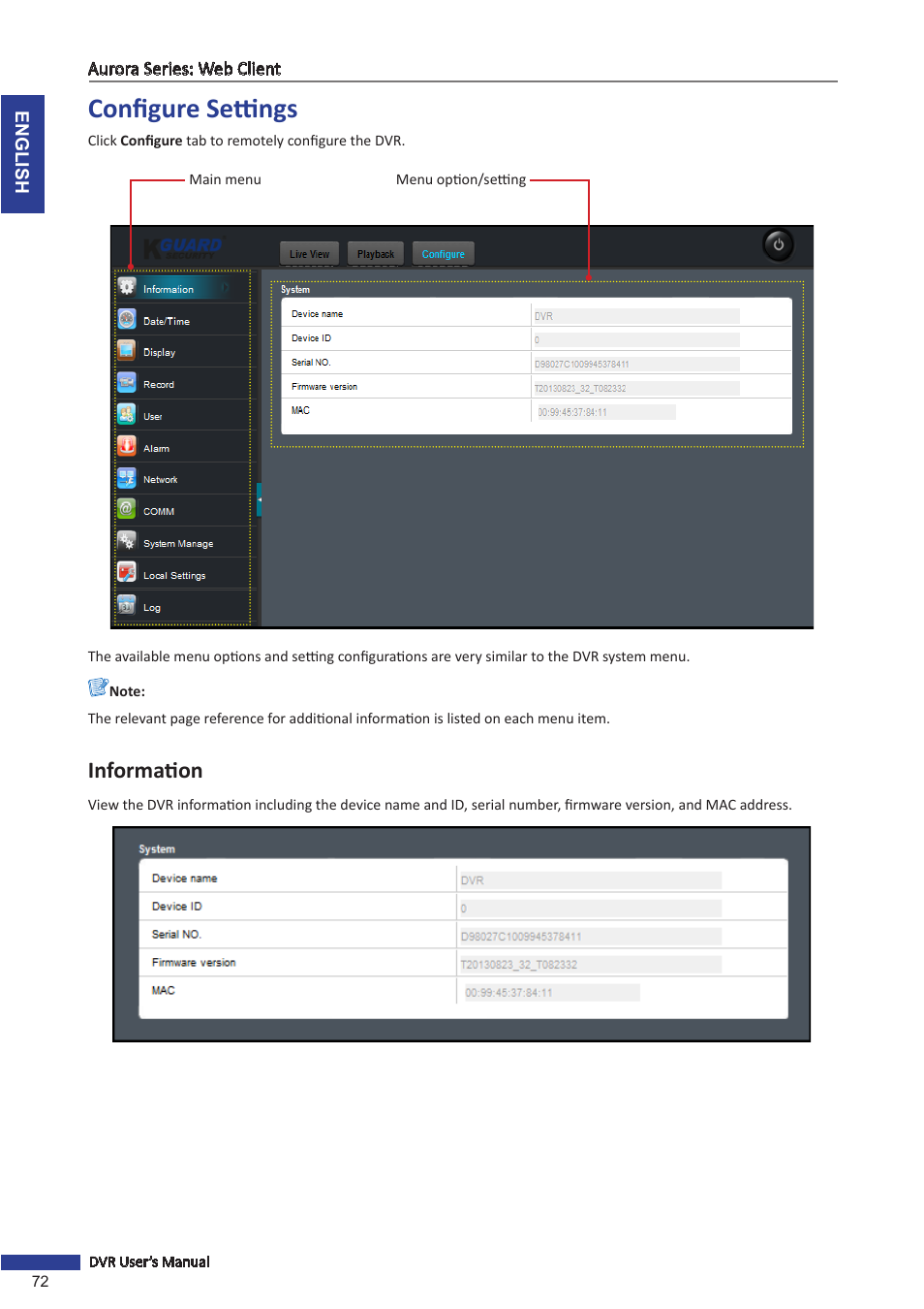 Configure settings, Information | KGUARD Security AR 1621-2CKT001 User Manual | Page 72 / 81