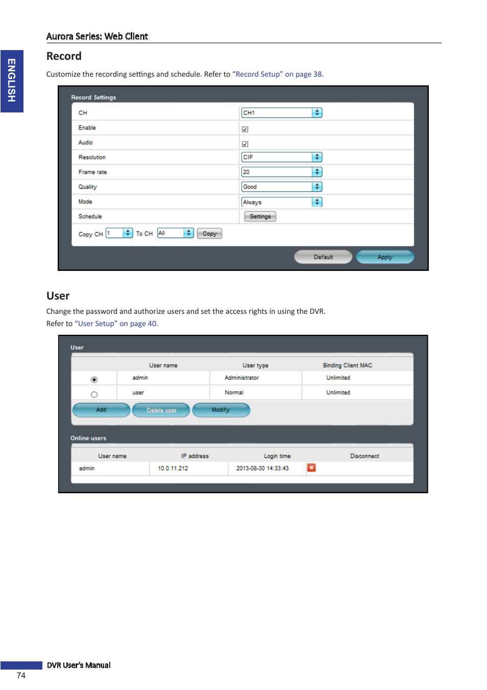 Record, User | KGUARD Security AR 1621-2CKT001 User Manual | Page 74 / 81