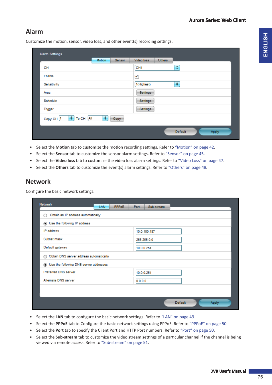 Alarm, Network | KGUARD Security AR 1621-2CKT001 User Manual | Page 75 / 81