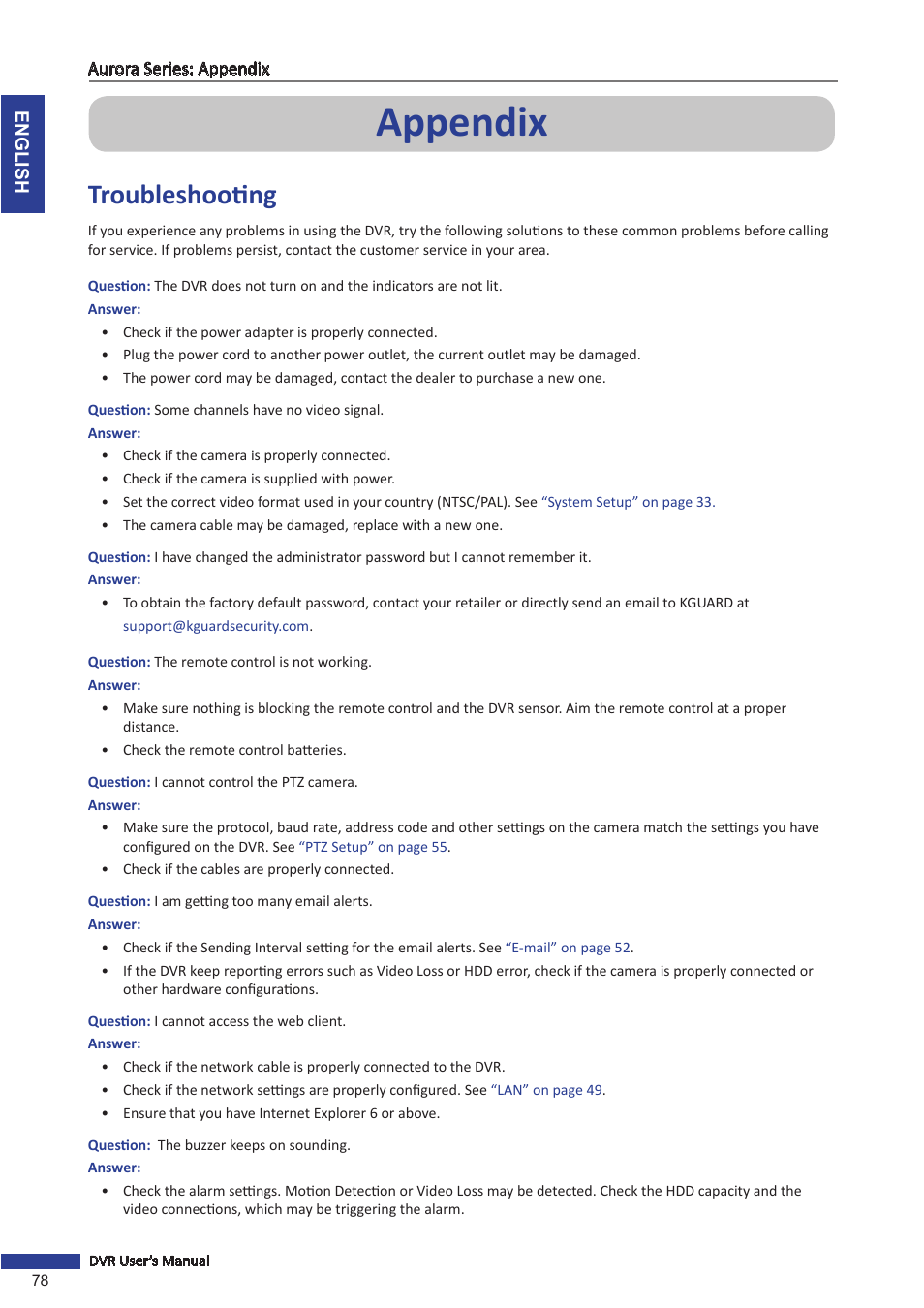 Appendix, Troubleshooting | KGUARD Security AR 1621-2CKT001 User Manual | Page 78 / 81