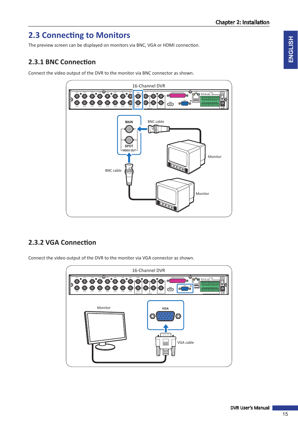 3 connecting to monitors, 1 bnc connection, 2 vga connection | 1 bnc connection 2.3.2 vga connection, English chapter 2: installation, Dvr user’s manual 15, Channel dvr, D+ d, Monitor, Monitor bnc cable bnc cable | KGUARD Security BR1611P User Manual | Page 15 / 107
