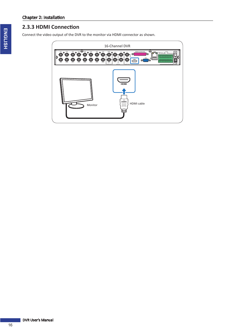 3 hdmi connection, English chapter 2: installation, 16 dvr user’s manual | D+ d, Monitor hdmi cable | KGUARD Security BR1611P User Manual | Page 16 / 107