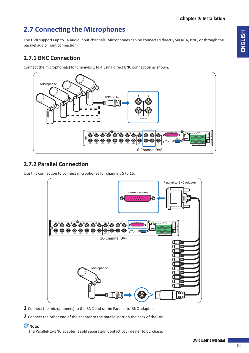 7 connecting the microphones, 1 bnc connection, 2 parallel connection | 1 bnc connection 2.7.2 parallel connection, English chapter 2: installation, Dvr user’s manual 19, Channel dvr, D+ d | KGUARD Security BR1611P User Manual | Page 19 / 107