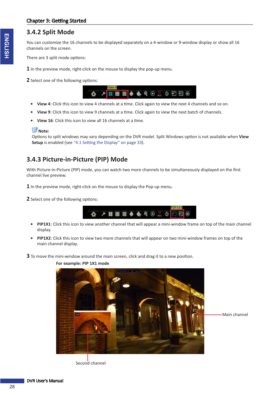 2 split mode, 3 picture-in-picture (pip) mode, 2 split mode 3.4.3 picture-in-picture (pip) mode | KGUARD Security BR1611P User Manual | Page 28 / 107