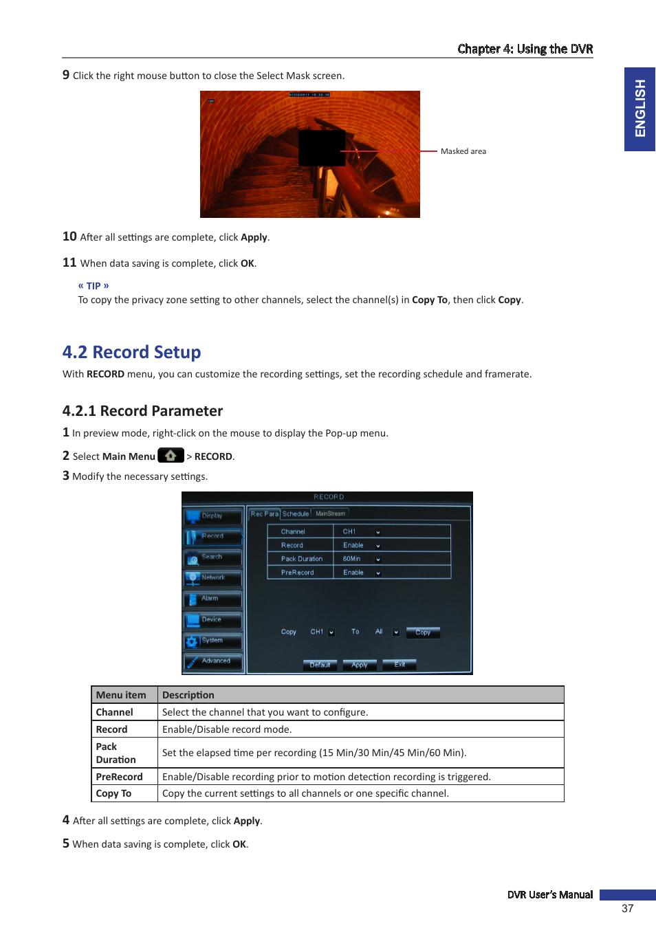 2 record setup, 1 record parameter | KGUARD Security BR1611P User Manual | Page 37 / 107
