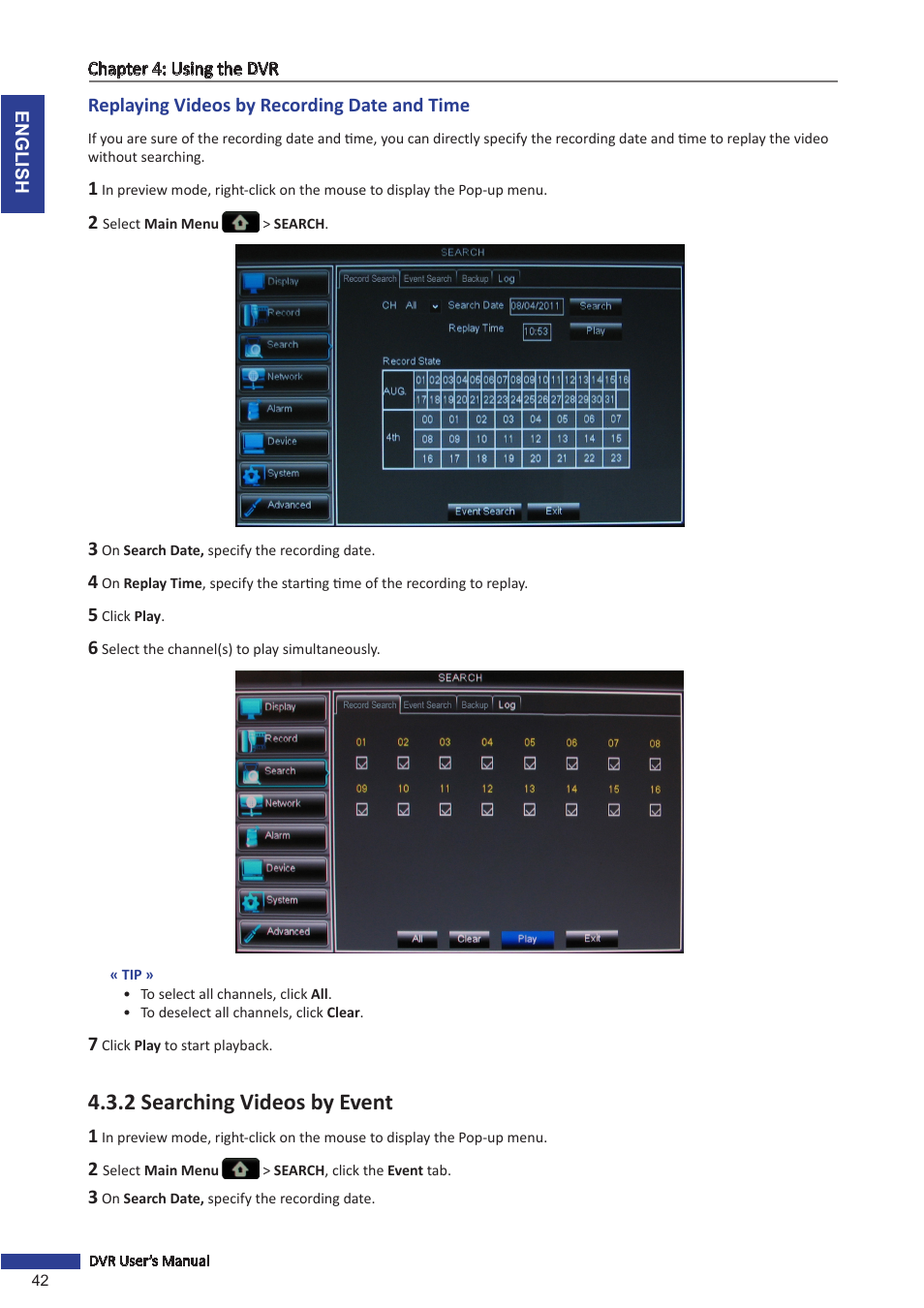 Replaying videos by recording date and time, 2 searching videos by event | KGUARD Security BR1611P User Manual | Page 42 / 107