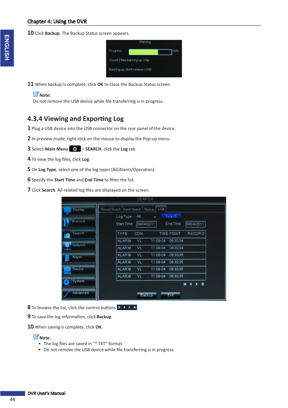 4 viewing and exporting log | KGUARD Security BR1611P User Manual | Page 44 / 107