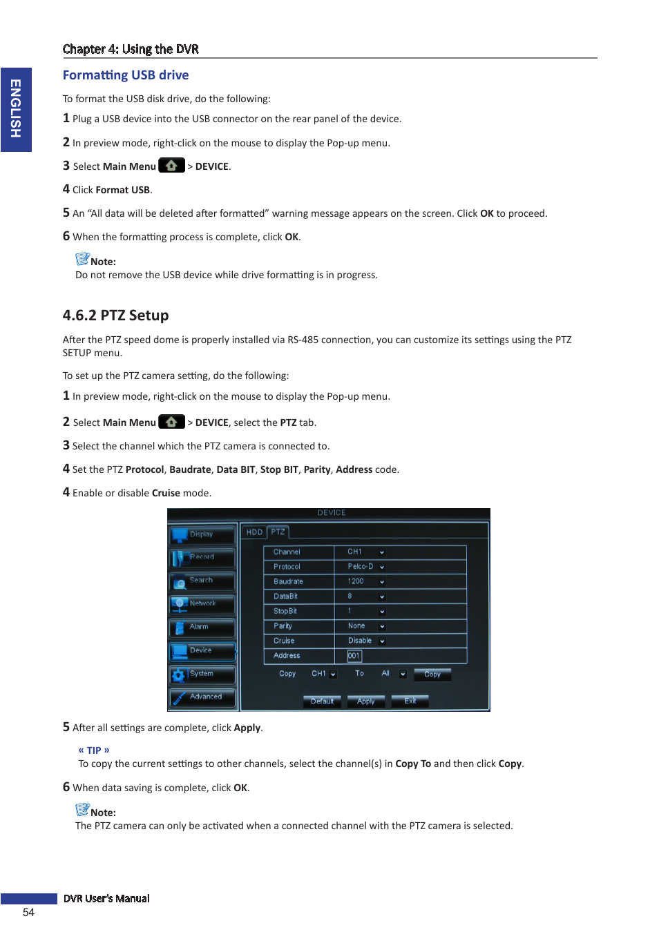 Formatting usb drive, 2 ptz setup, Ttings, see | Ess. see | KGUARD Security BR1611P User Manual | Page 54 / 107