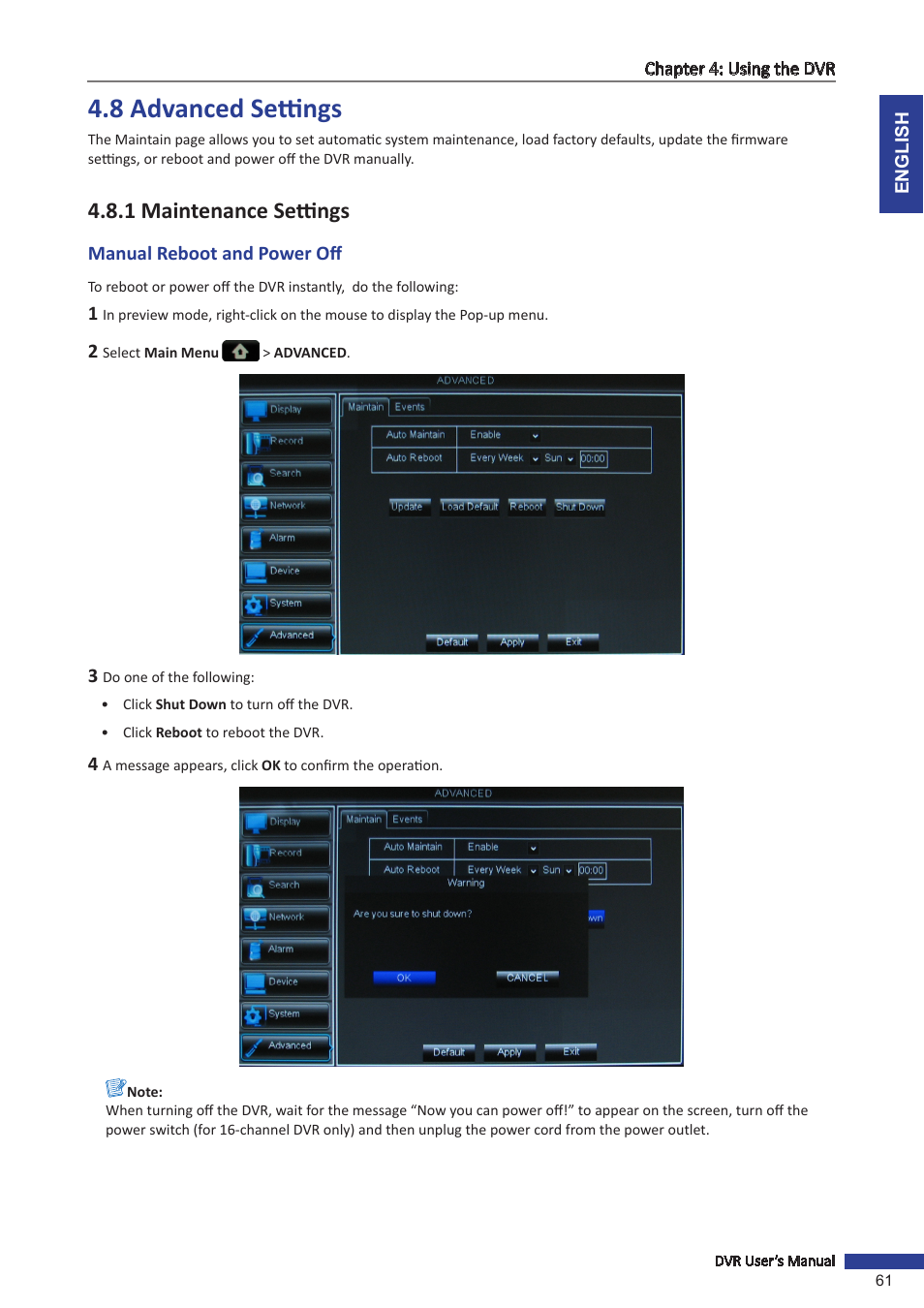 8 advanced settings, 1 maintenance settings, Manual reboot and power off | KGUARD Security BR1611P User Manual | Page 61 / 107