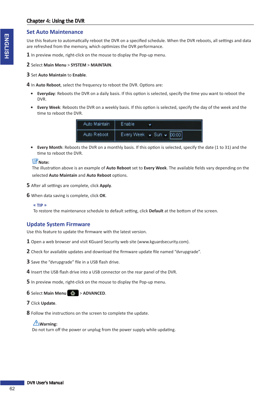 Set auto maintenance, Update system firmware, Set auto maintenance update system firmware | KGUARD Security BR1611P User Manual | Page 62 / 107