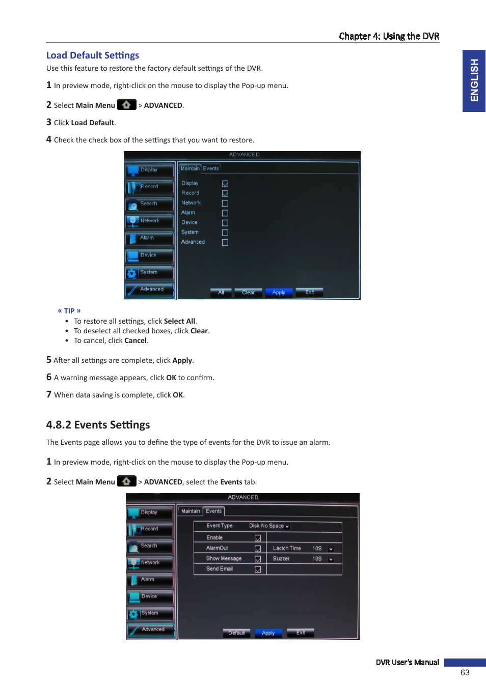 Load default settings, 2 events settings | KGUARD Security BR1611P User Manual | Page 63 / 107
