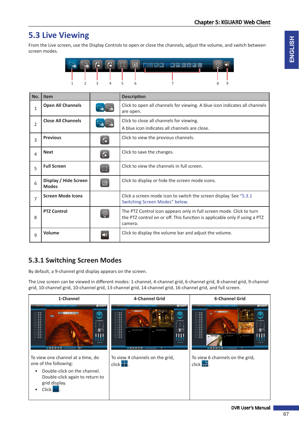 3 live viewing, 1 switching screen modes | KGUARD Security BR1611P User Manual | Page 67 / 107