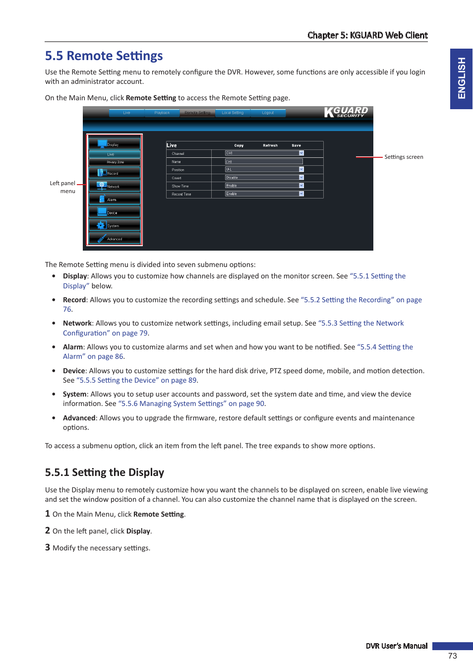 5 remote settings, 1 setting the display, 5 remote | KGUARD Security BR1611P User Manual | Page 73 / 107