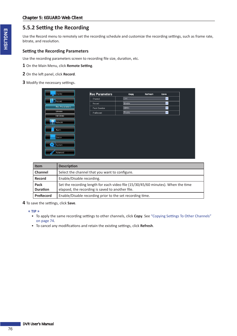 2 setting the recording, Setting the recording parameters | KGUARD Security BR1611P User Manual | Page 76 / 107