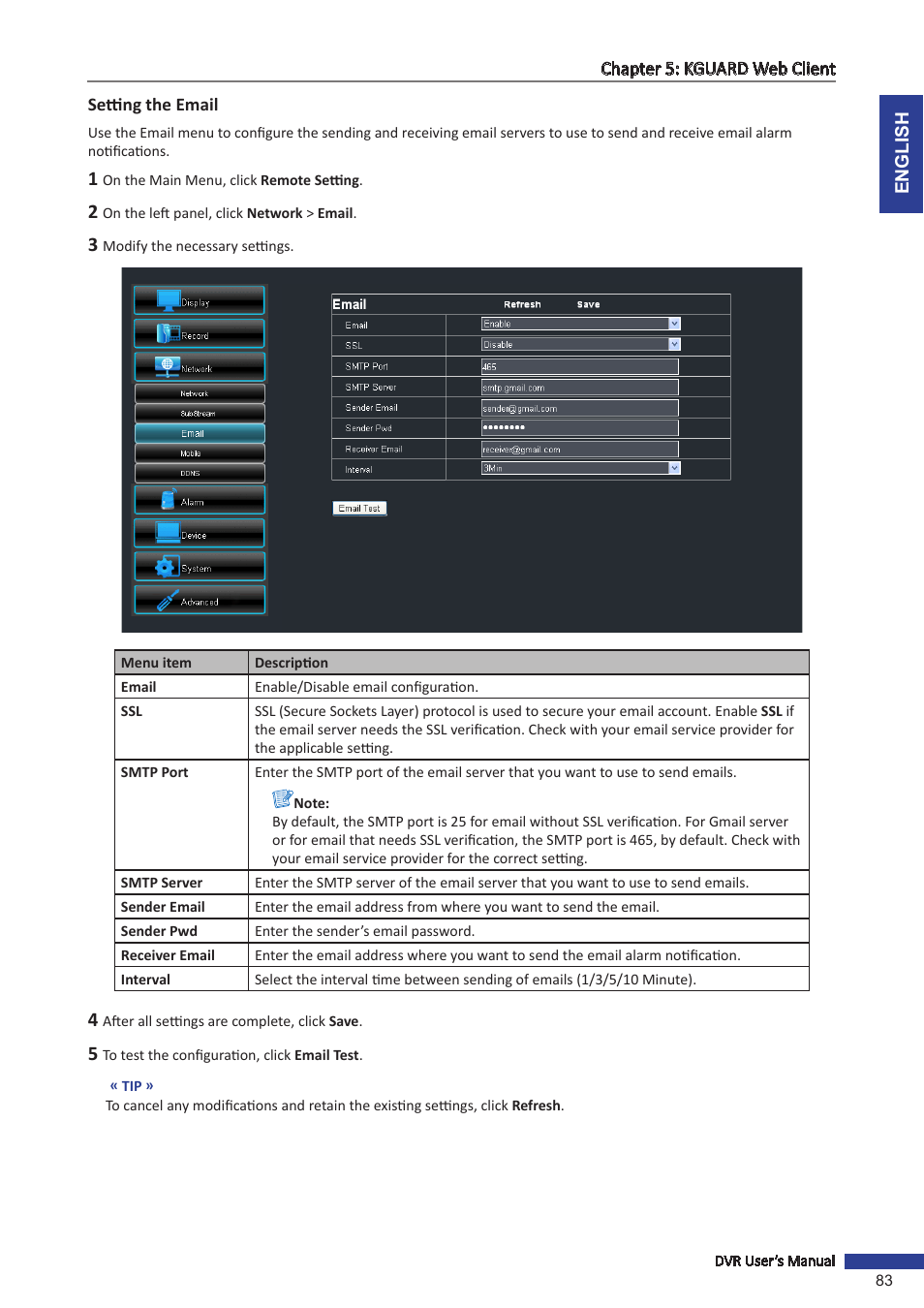 Setting the email | KGUARD Security BR1611P User Manual | Page 83 / 107